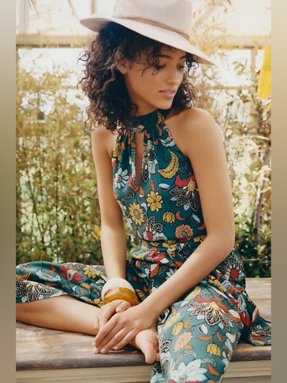 Anthropologie Women’s Geneva Halter Wide-Leg Jumpsuit Teal Floral Size Small - Picture 2 of 15